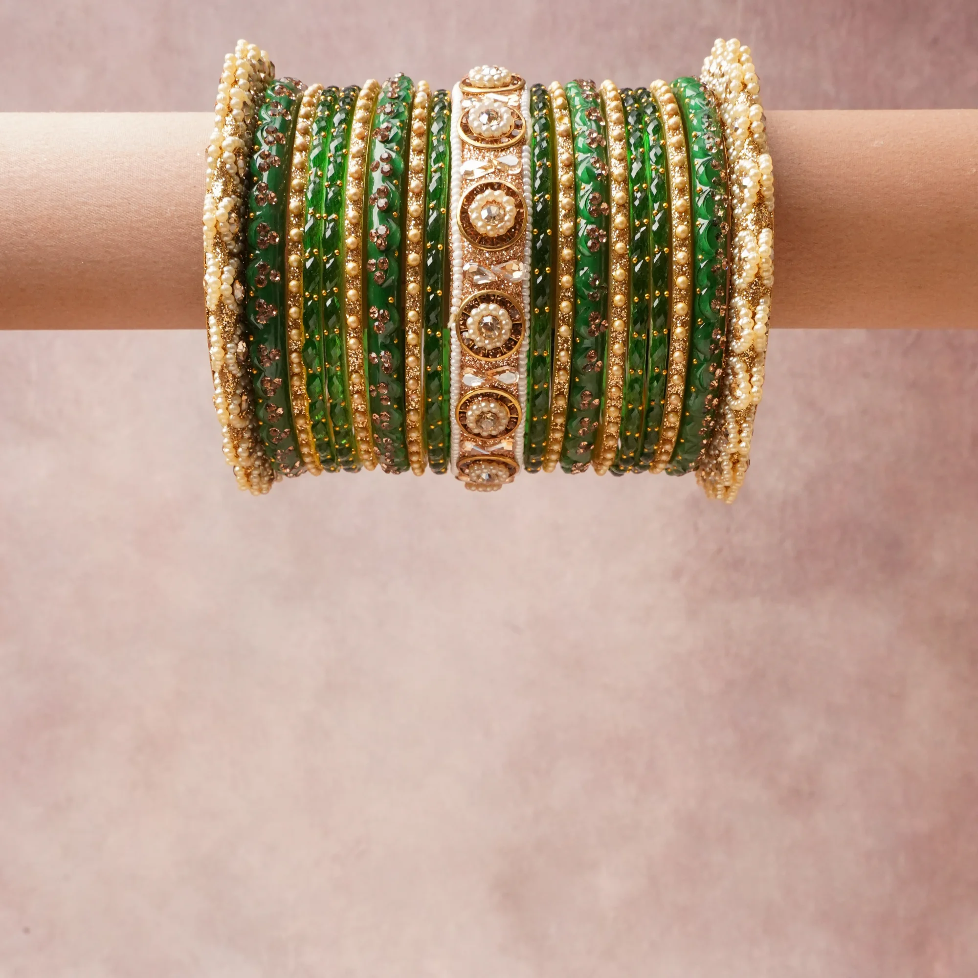 A commanding Emerald Green anchors this beautiful set, enriched with accents of Antique Gold, Cream Pearl, Brilliant White that add depth and dimension.

Featuring a striking composition of Glass, Lacquer, Gold-Toned Metal, Seed Pearls, Cubic Zirconia, this set carries intricate craftsmanship and strong presence. Grand in form, it is created for moments that deserve to be marked.